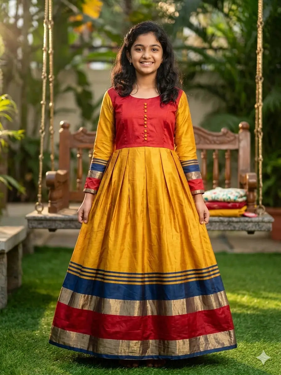Girls Elegant round neckline  Mustard Yellow & Maroon  Ethnic Frock Dress