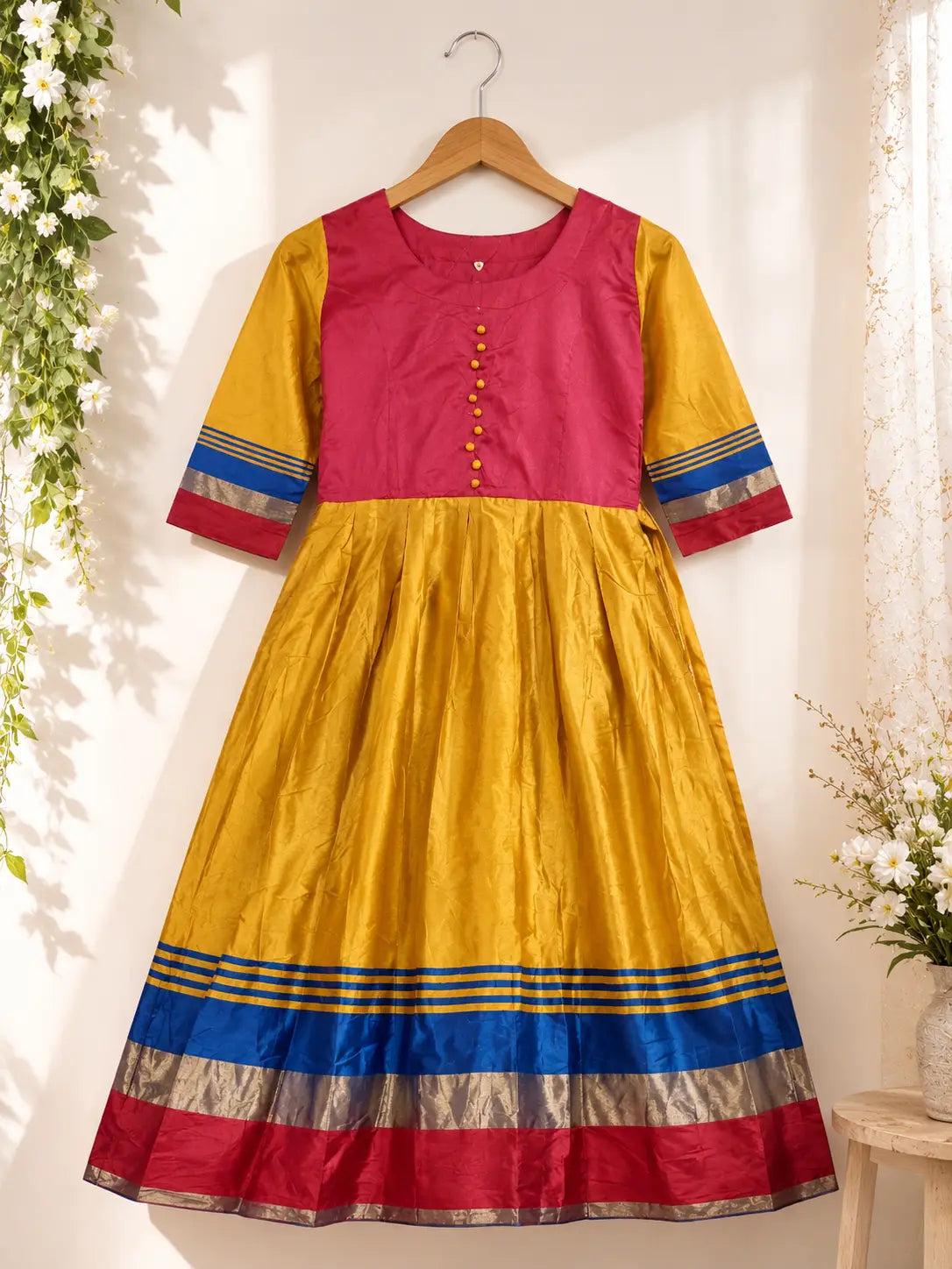 Girls Round Neckline Wine Maroon & Antique Gold  Traditional Party Wear Rayon Frock  Dress