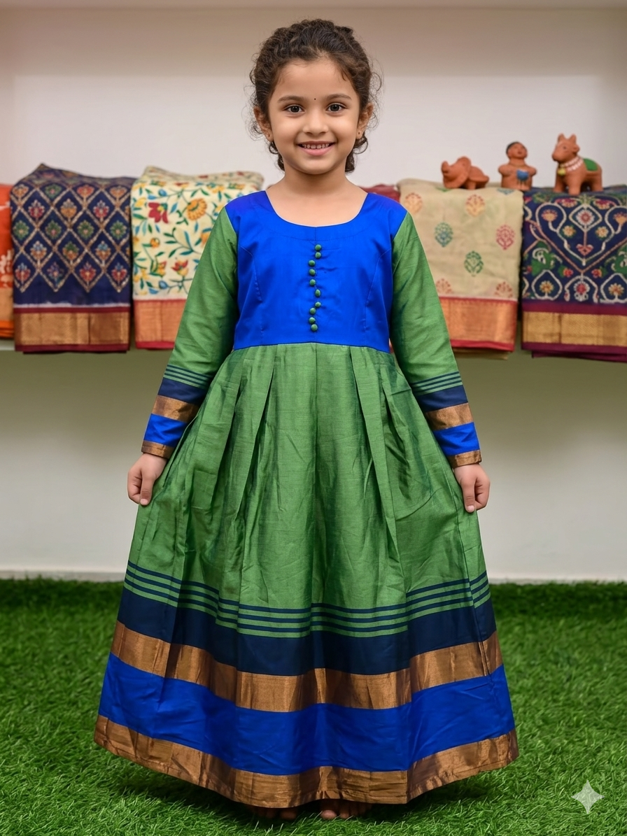 Young girl smiling in a traditional dress featuring blue and green silk blend fabric with decorative buttons and striped sleeves