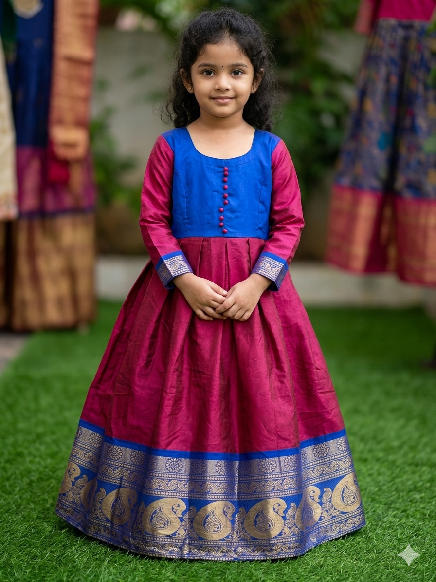Young girl wearing a traditional silk blend dress with royal blue bodice and wine pink skirt featuring gold zari borders