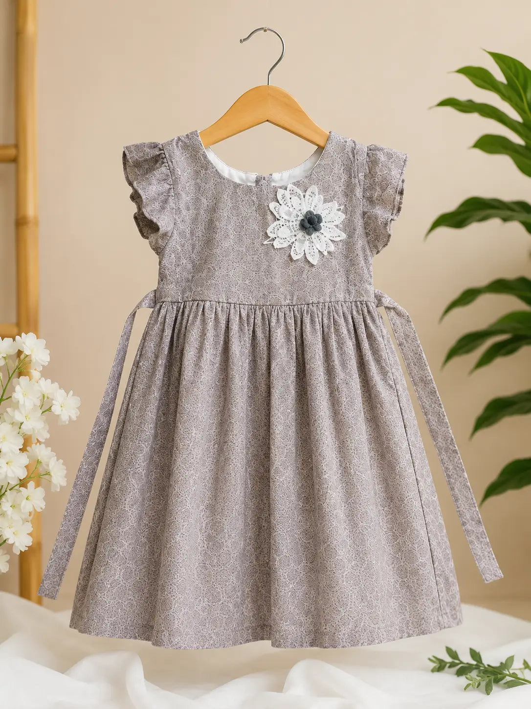Girls Dusty Mauve Cotton Fit & Flare Dress with Floral Applique and Soft Lining