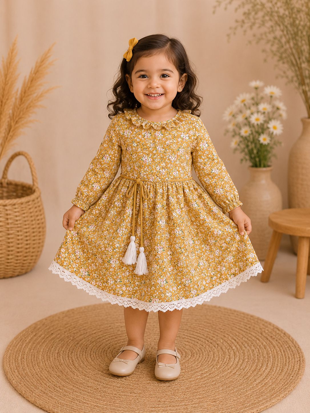 Girls round neckline  Mustard Floral Print  Fit & Flare cotton frock Dress