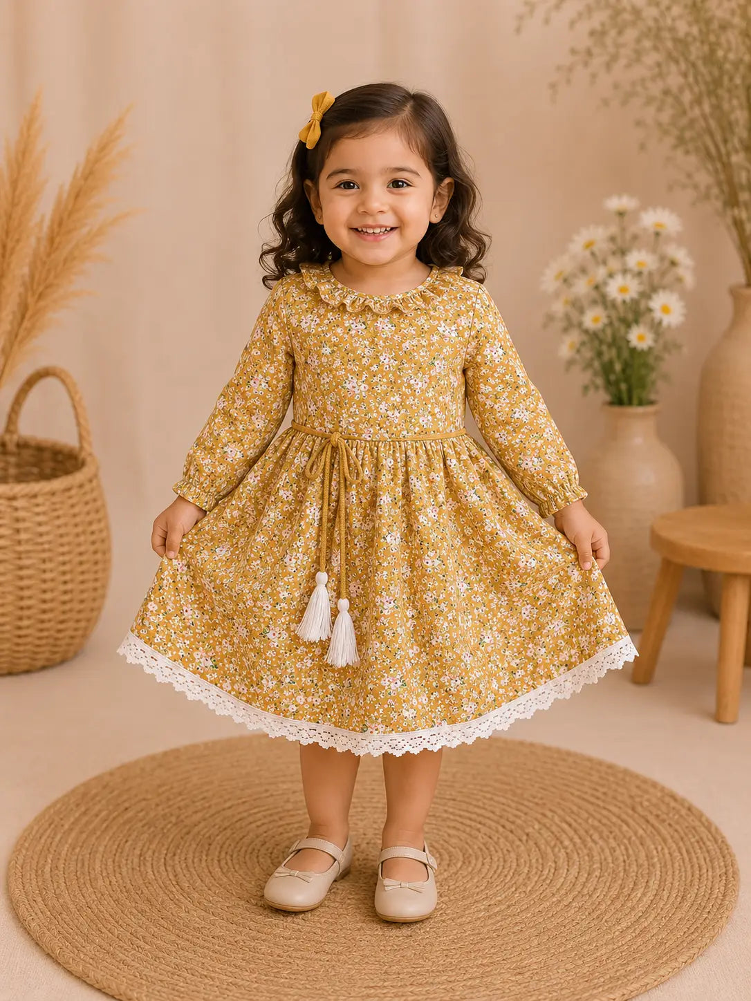 Girls round neckline  Mustard Floral Print  Fit & Flare cotton frock Dress