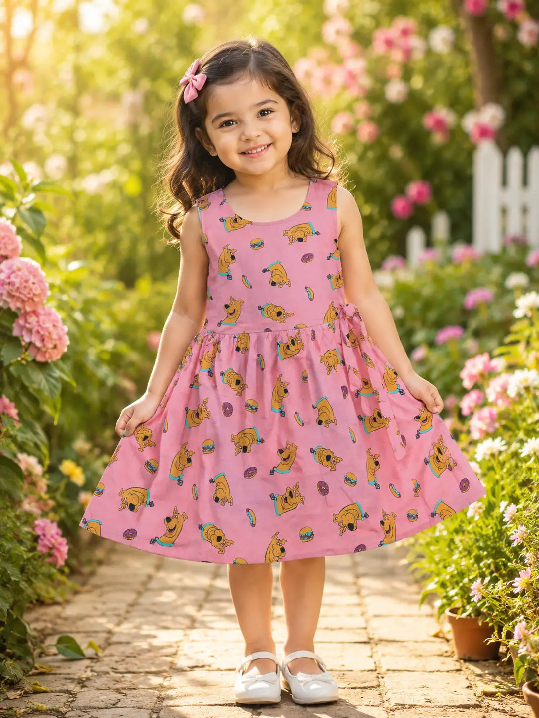 Girls Dusty Pink Cartoon Printed cotton Sleeveless Dress