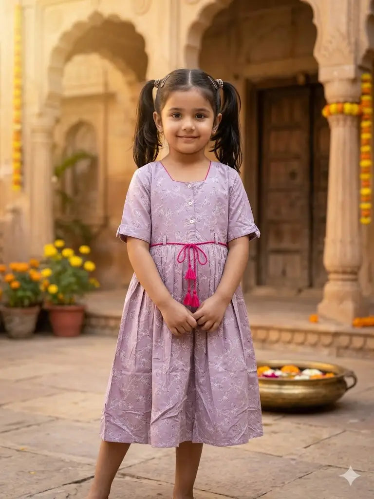 Girls Lavender Floral Cotton  Round neckline Frock with Tassel Waist Tie