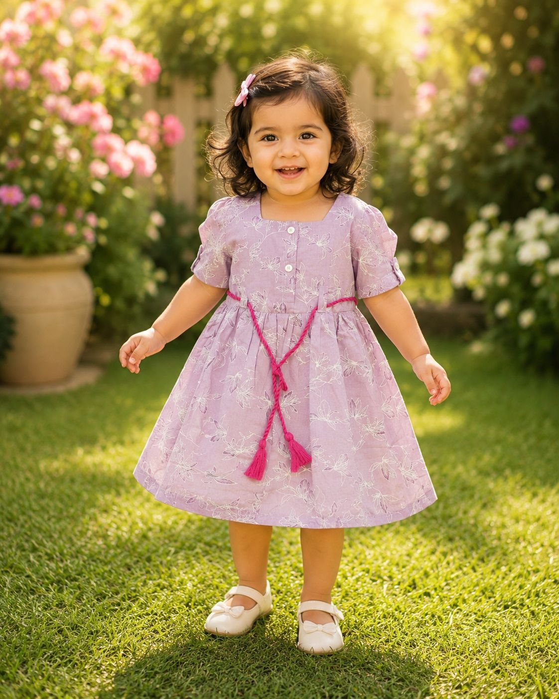 Girls Dusty Mauve Floral Print Square neckline  Rayon Frock with Tassel Belt