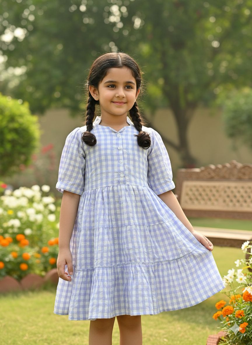 Girls Lavender & White Checks Cotton Frock with Soft Cotton Lining