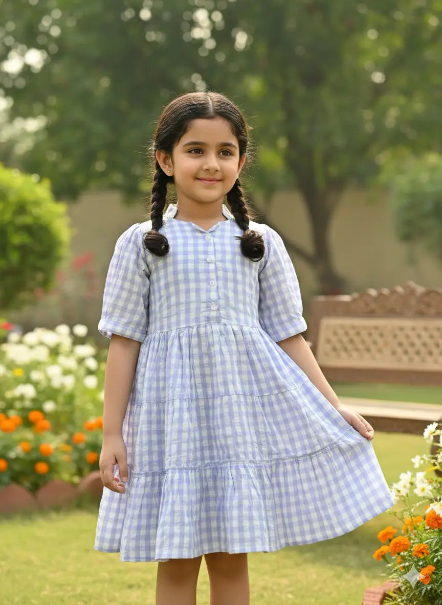 Girls Lavender & White Checks Cotton Frock with Soft Cotton Lining