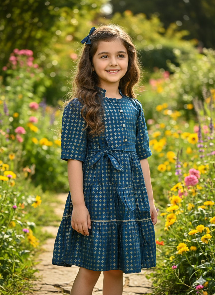 Young girl wearing a blue cotton dress with gold geometric print and waist tie standing in a garden