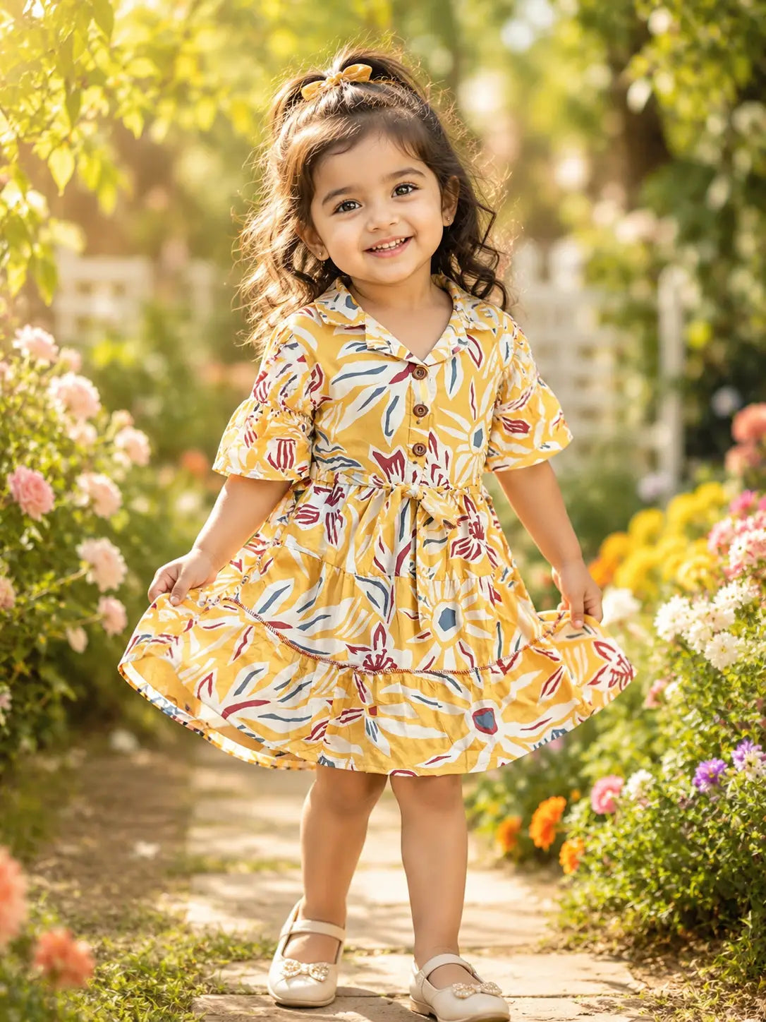 Girls Mustard Yellow Floral Printed cotton Tiered Dress with  Puff Sleeves