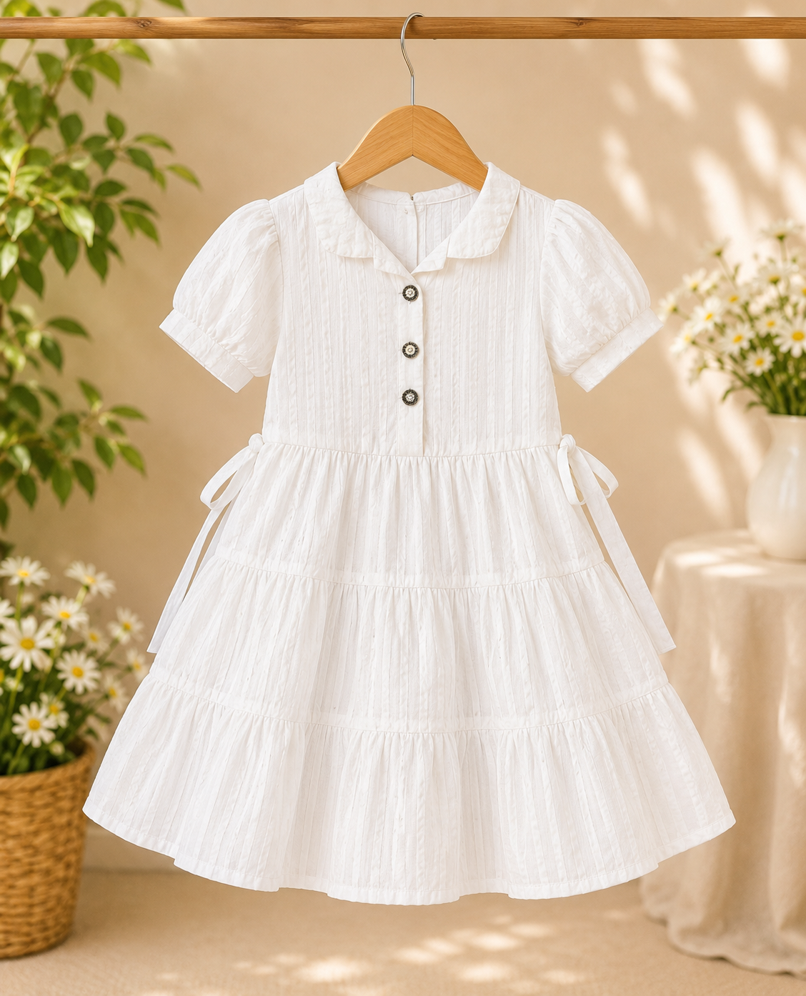 Girls Elegant White Cotton Tiered Dress with Collar Neck and Side Tie-Up
