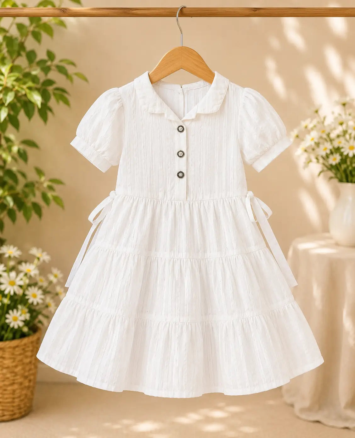 Girls Elegant White Cotton Tiered Dress with Collar Neck and Side Tie-Up