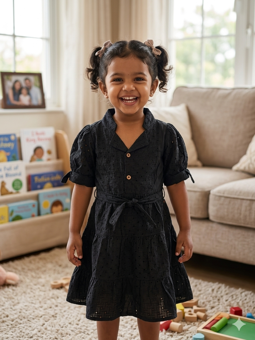 Smiling young girl wearing a black button-front dress with puff sleeves and waist tie in a cozy living room