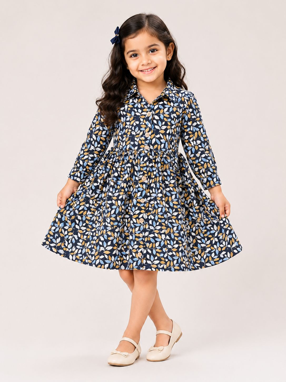 Girls shirt collar Navy Blue Leaf Print  Shirt Collar cotton frock
