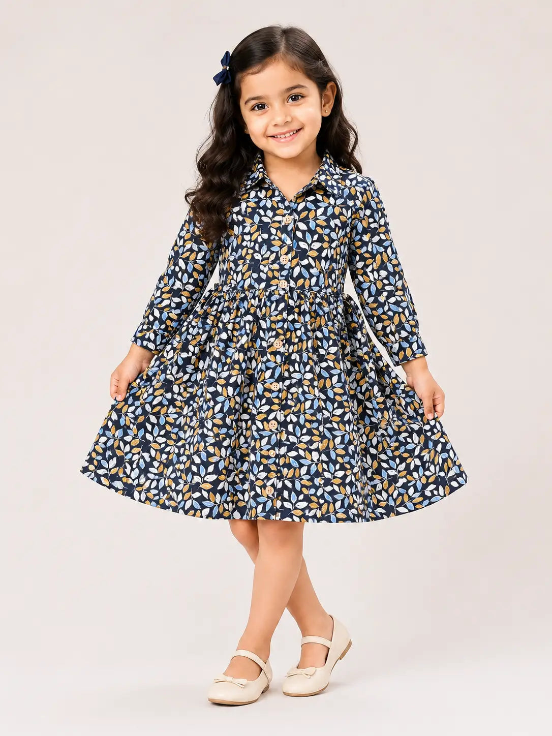 Girls shirt collar Navy Blue Leaf Print  Shirt Collar cotton frock