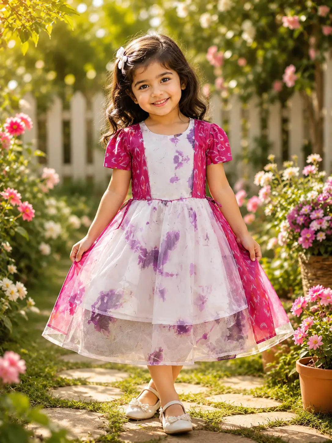Girls White & Wine Pink Floral cotton Party Wear Frock with Net Overla and Short Sleeves