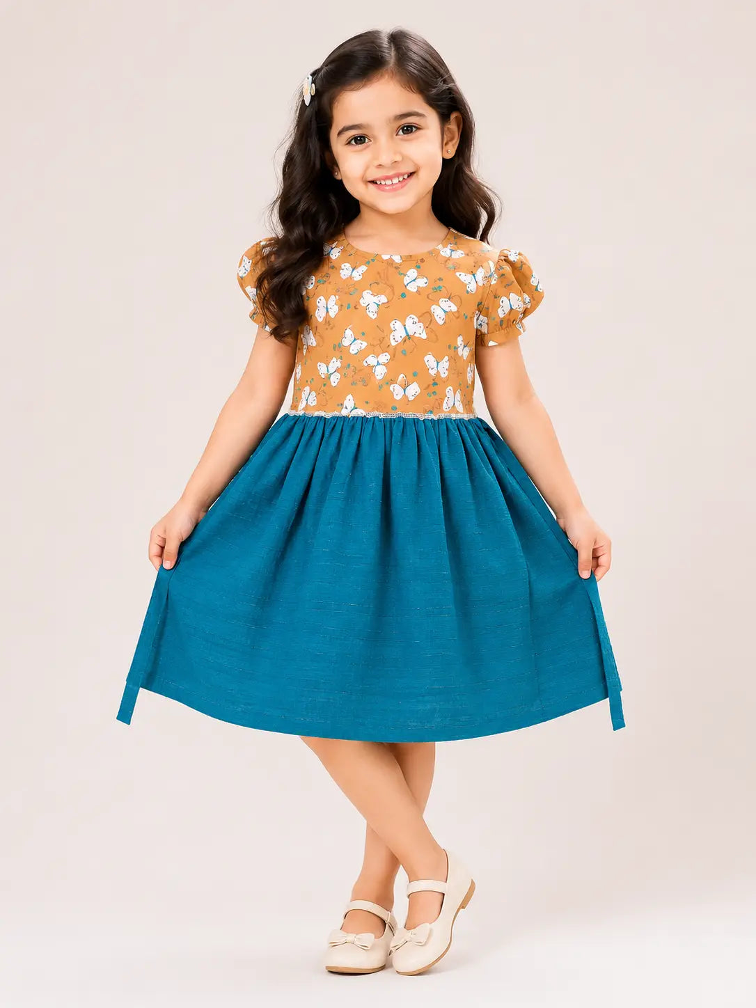 Girls round neckline Teal Blue & Camel Brown Butterfly Print Sleeveless cotton frock