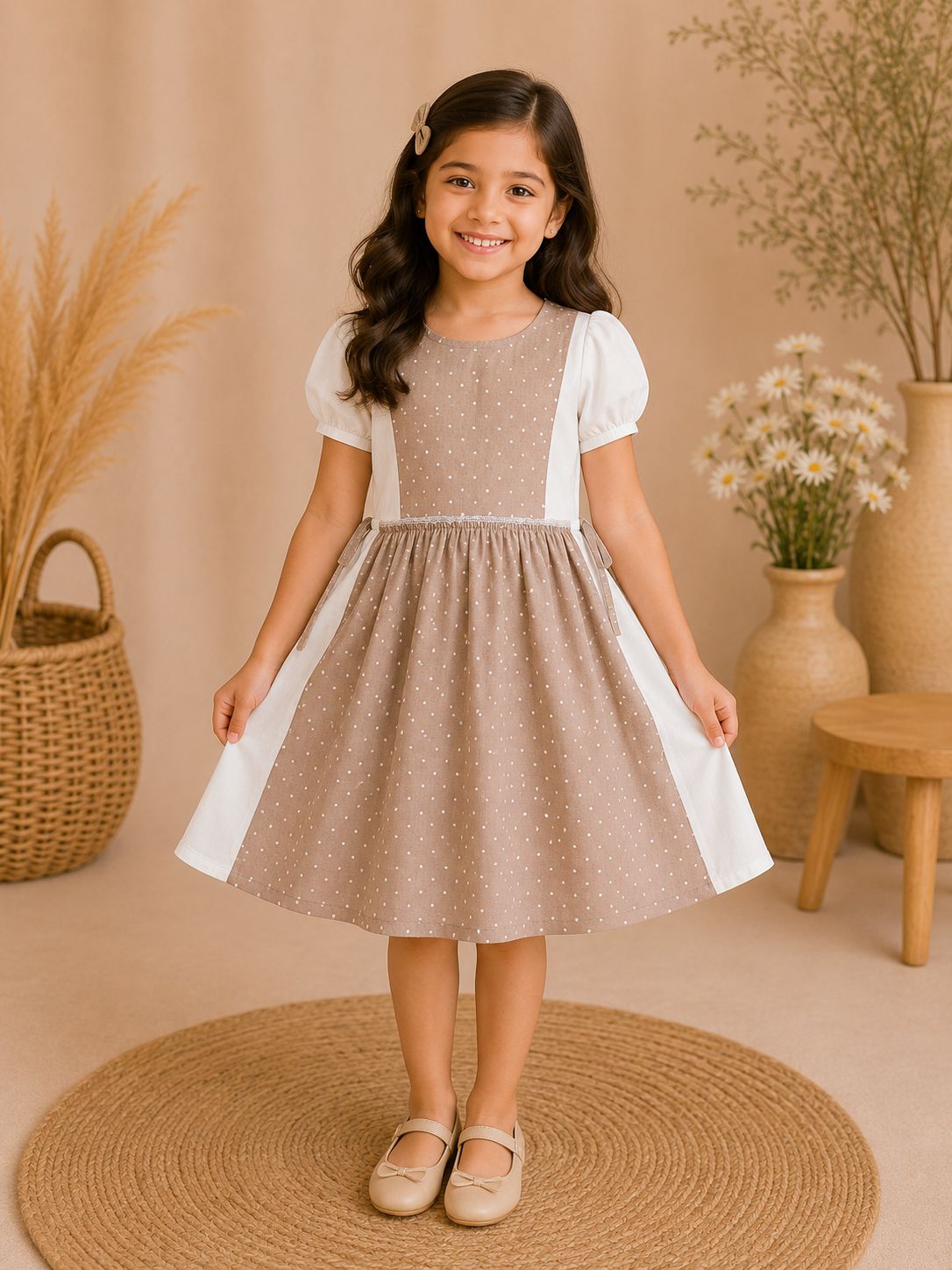 Girls Round neckline Taupe Grey Polka  with White Sleeves cotton frock