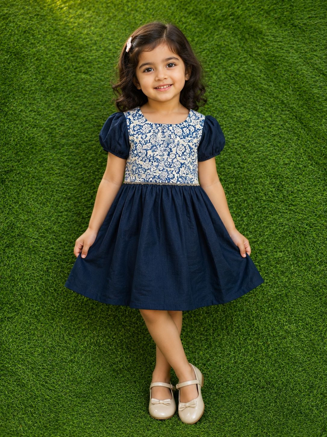 Girls Navy Blue cotton Flared Frock  with White Floral Printed Yoke and Short Sleeves