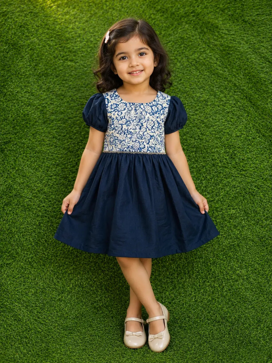 Girls Navy Blue cotton Flared Frock  with White Floral Printed Yoke and Short Sleeves