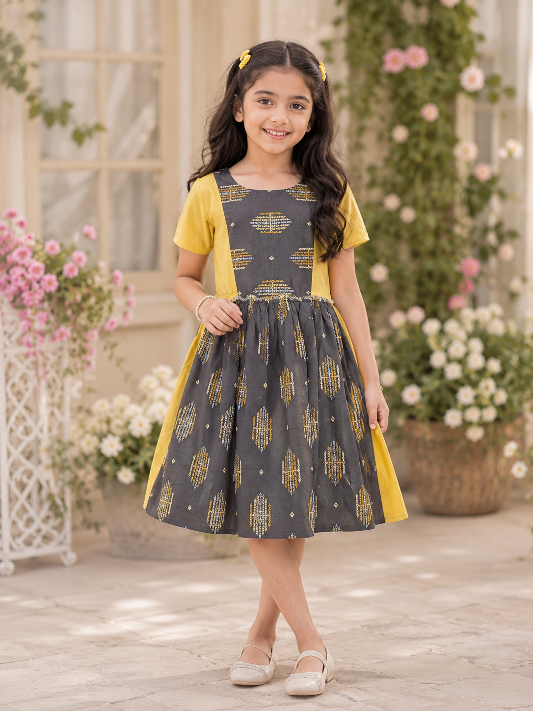Girls Charcoal Grey Printed Georgette Flared Dress with Olive Green Panels with short sleeves