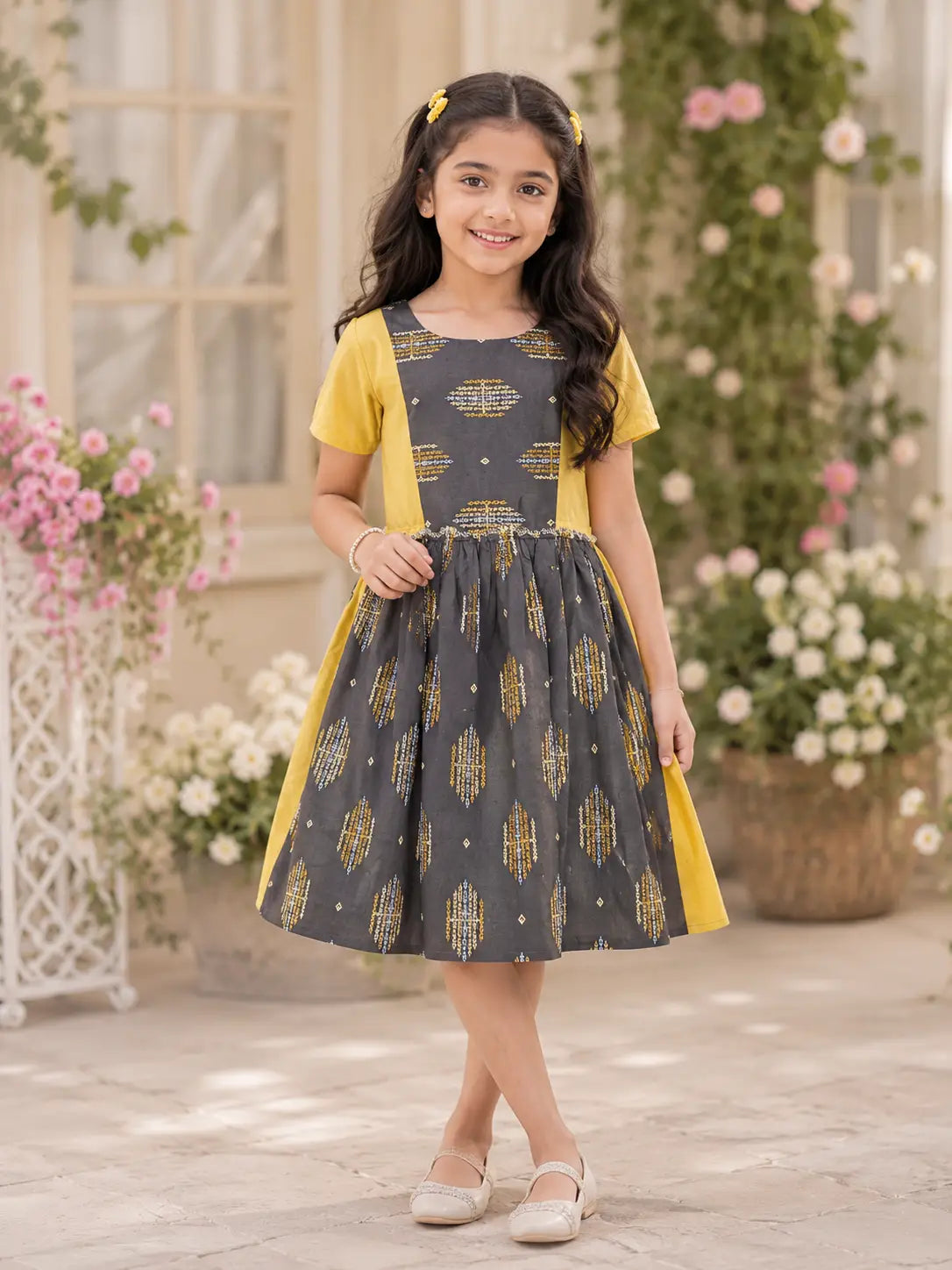 Girls Charcoal Grey Printed cotton Flared Dress with Olive Green Panels with short sleeves