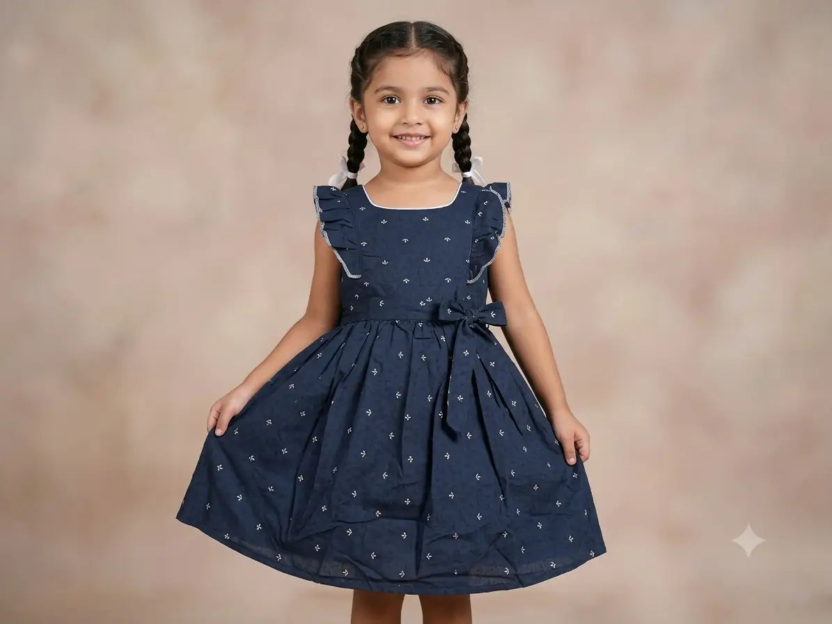 Girls Navy Blue Printed Sleeveless cotton Frill frock