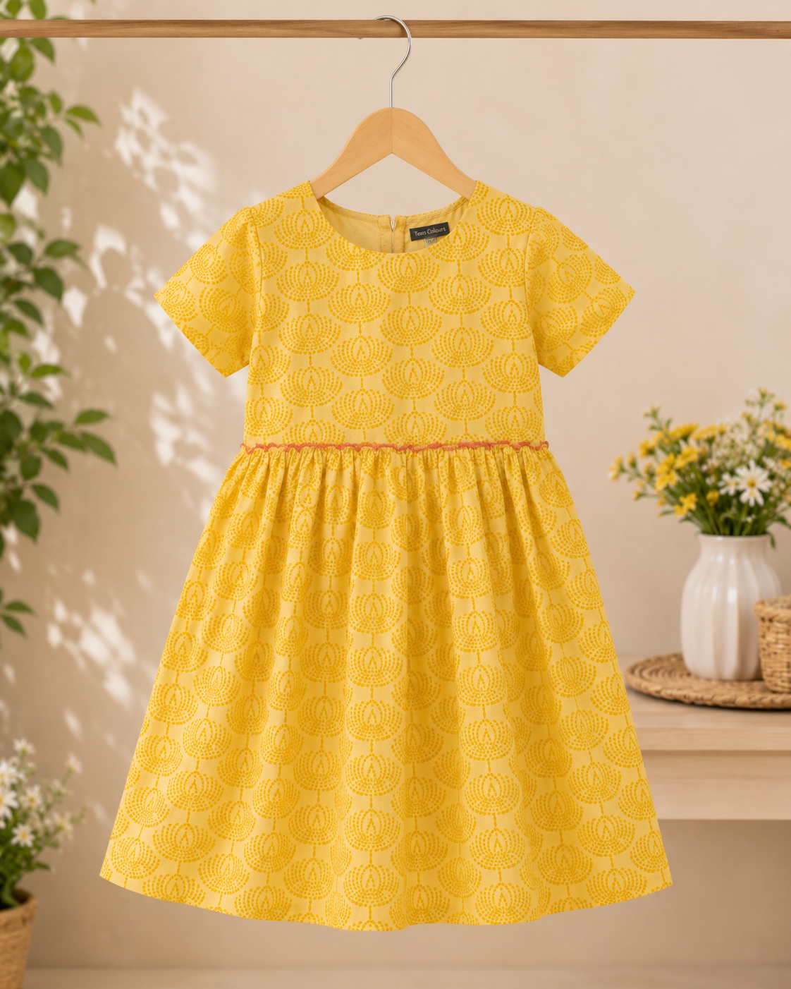 Girls Mustard Yellow Rayon round neckline  Printed Frock with Three-Quarter Sleeves