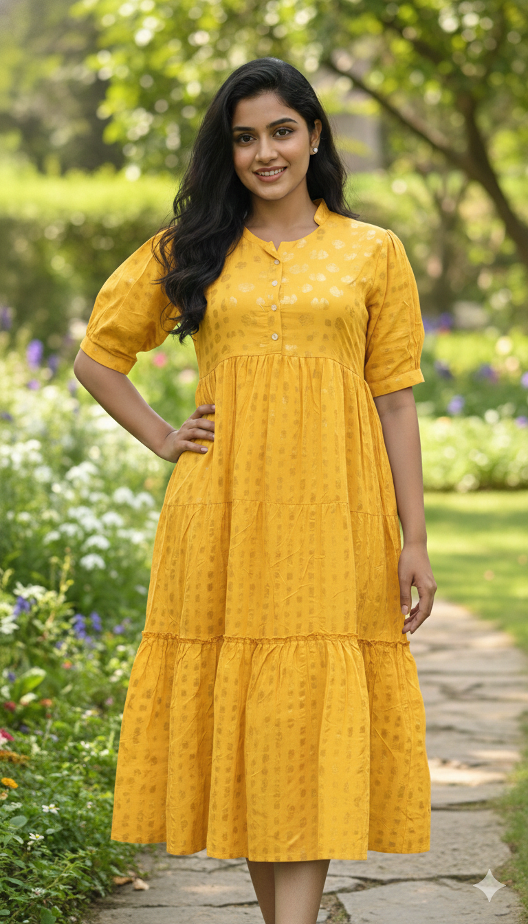 Woman wearing a mustard yellow tiered midi dress with elbow-length puff sleeves standing outdoors