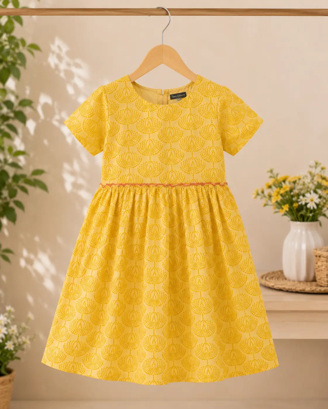 Girls Mustard Yellow Rayon round neckline  Printed Frock with Three-Quarter Sleeves