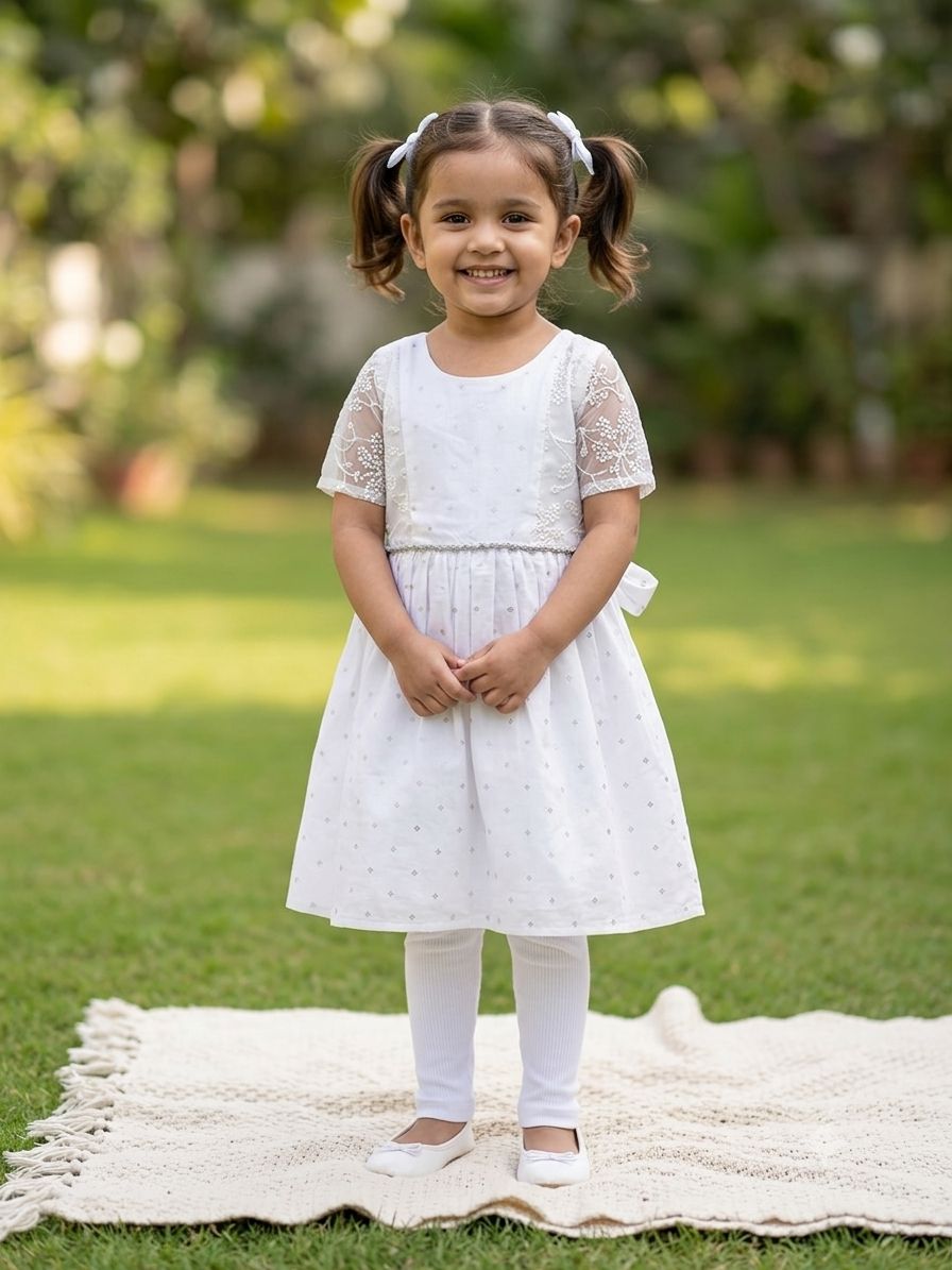 Girls Pearl White Embroidered cotton Party Frock with  Short Sheer Sleeves