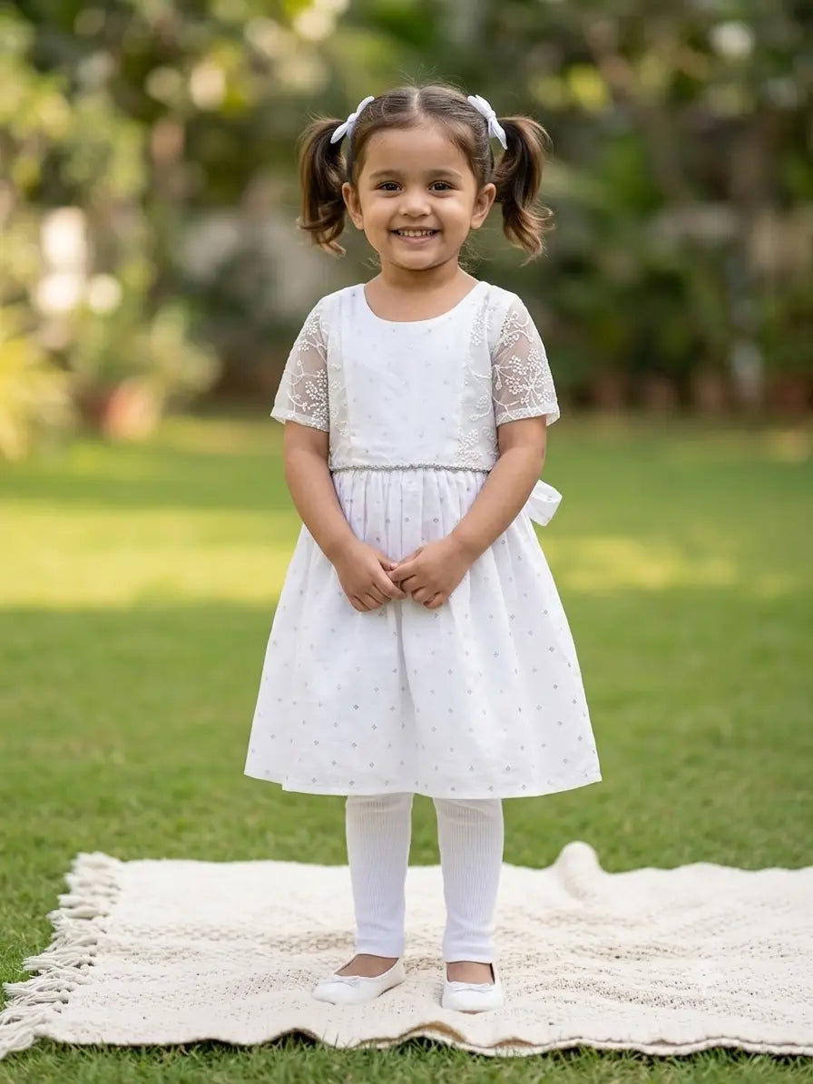 Girls Pearl White Embroidered cotton Party Frock with  Short Sheer Sleeves