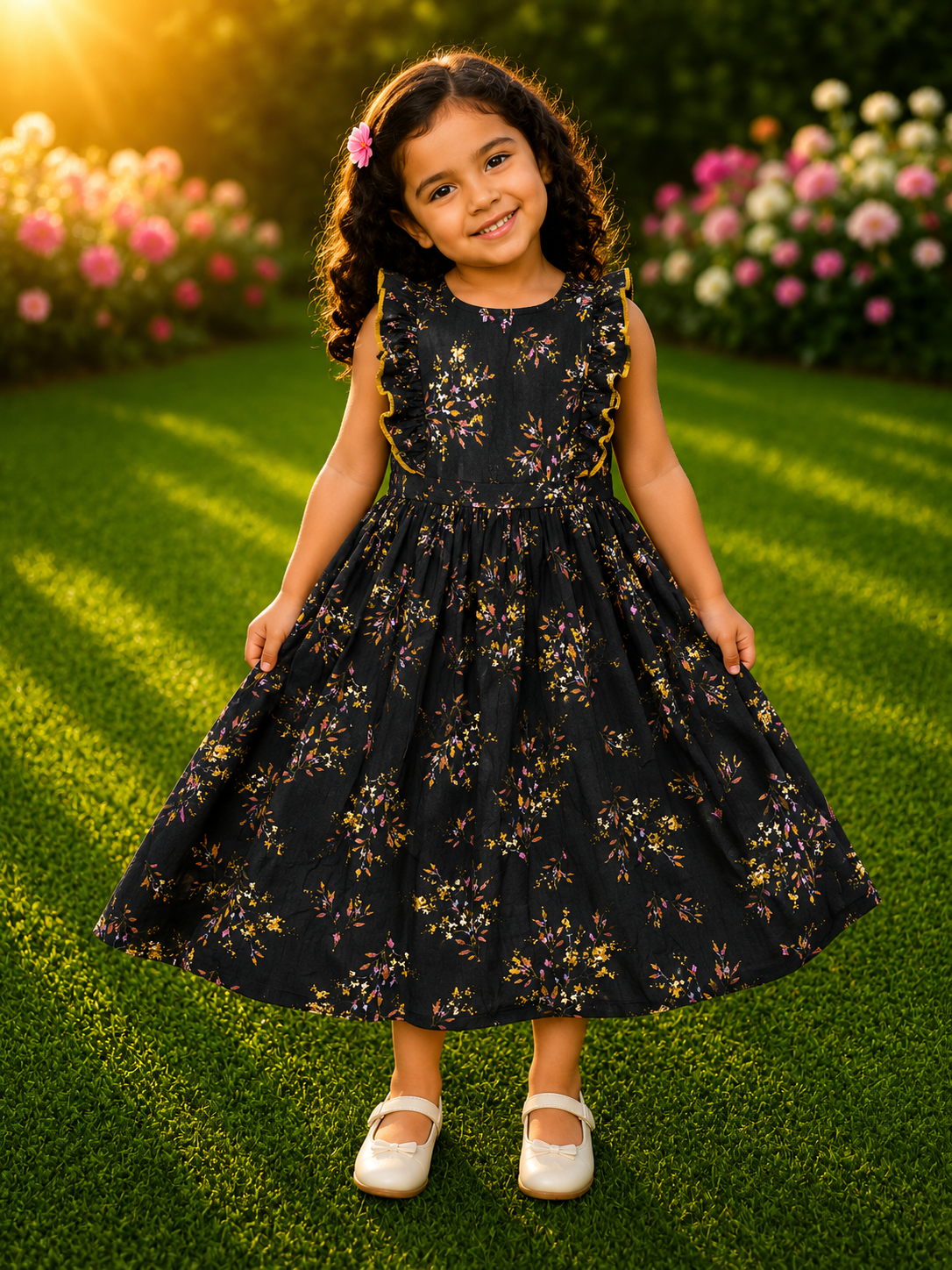 Little girl wearing a sleeveless black floral dress with ruffle details, standing on green grass with flowers in background