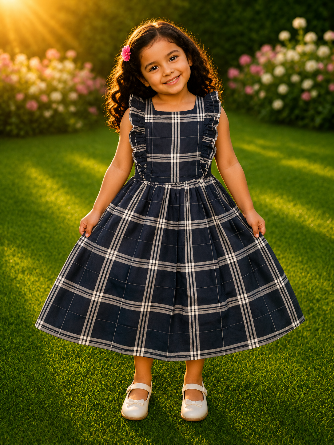 Young girl wearing navy blue sleeveless dress with white check pattern and ruffle shoulder details in garden