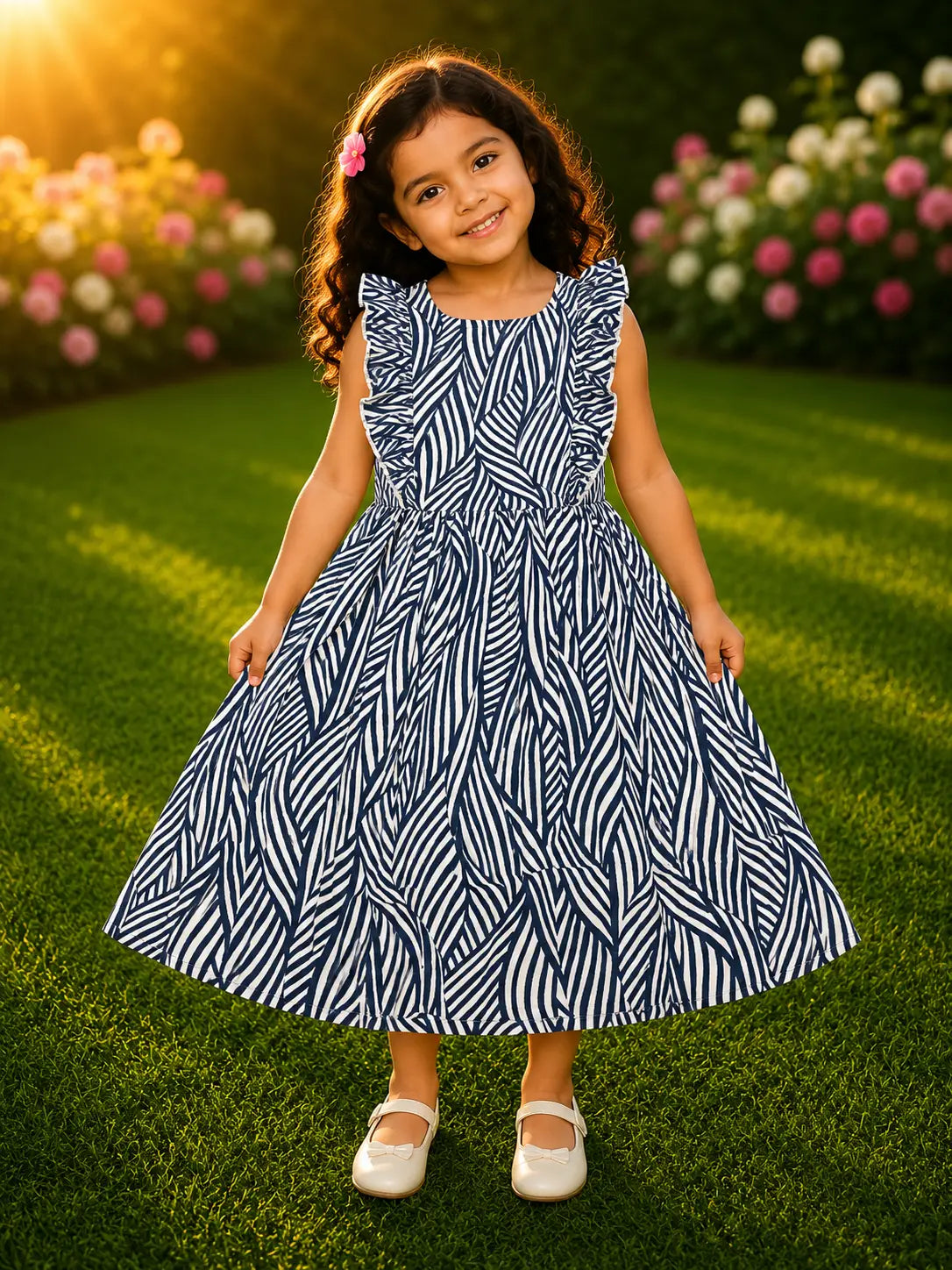 Girls Navy Blue round neckline Abstract Print Cotton Frock with Ruffle Sleeves