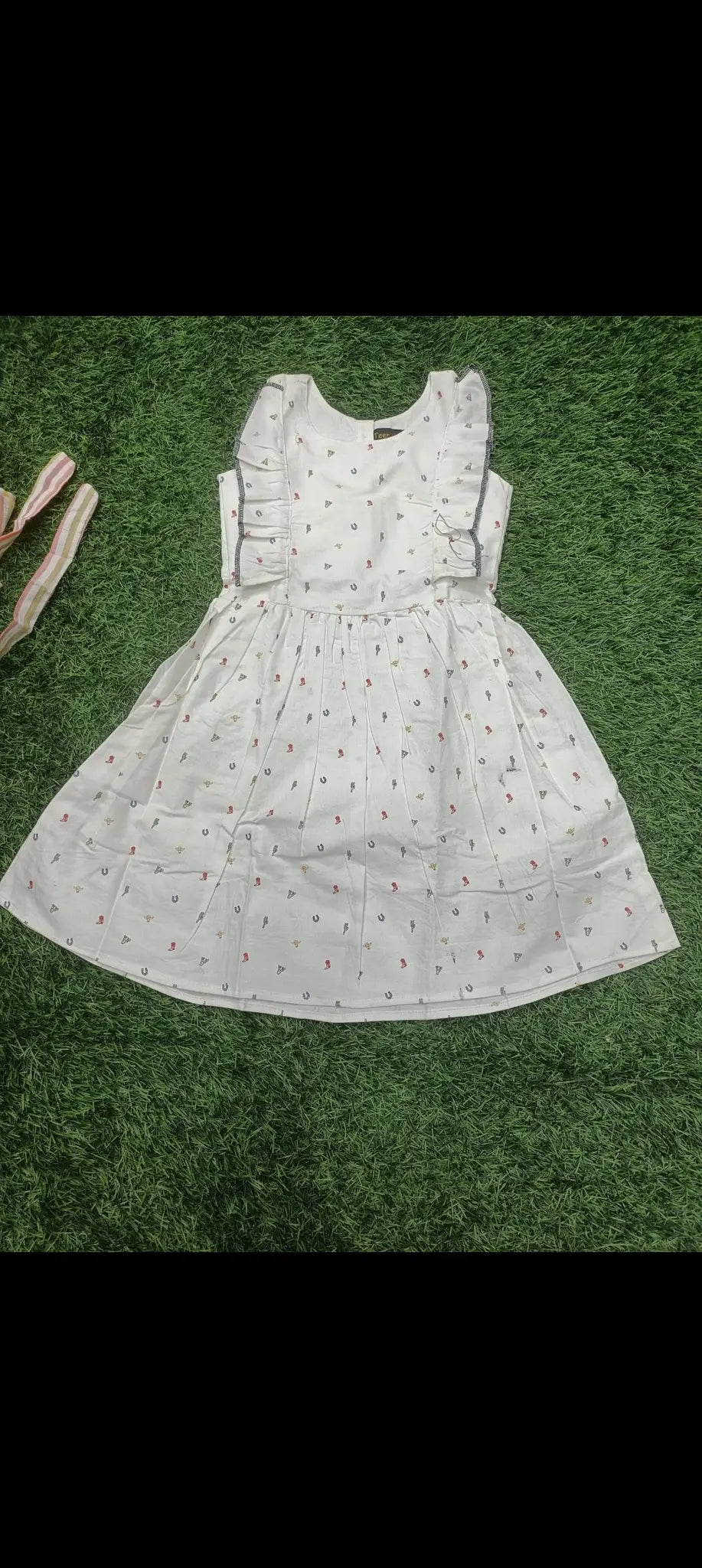 Girls White Ditsy round neckline  Print Cotton Frock with Ruffle Sleeves