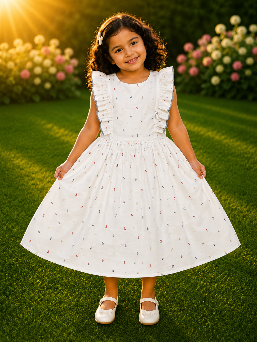 Young girl wearing white cotton dress with ruffle shoulder details and multi-colored subtle print stands on grass.