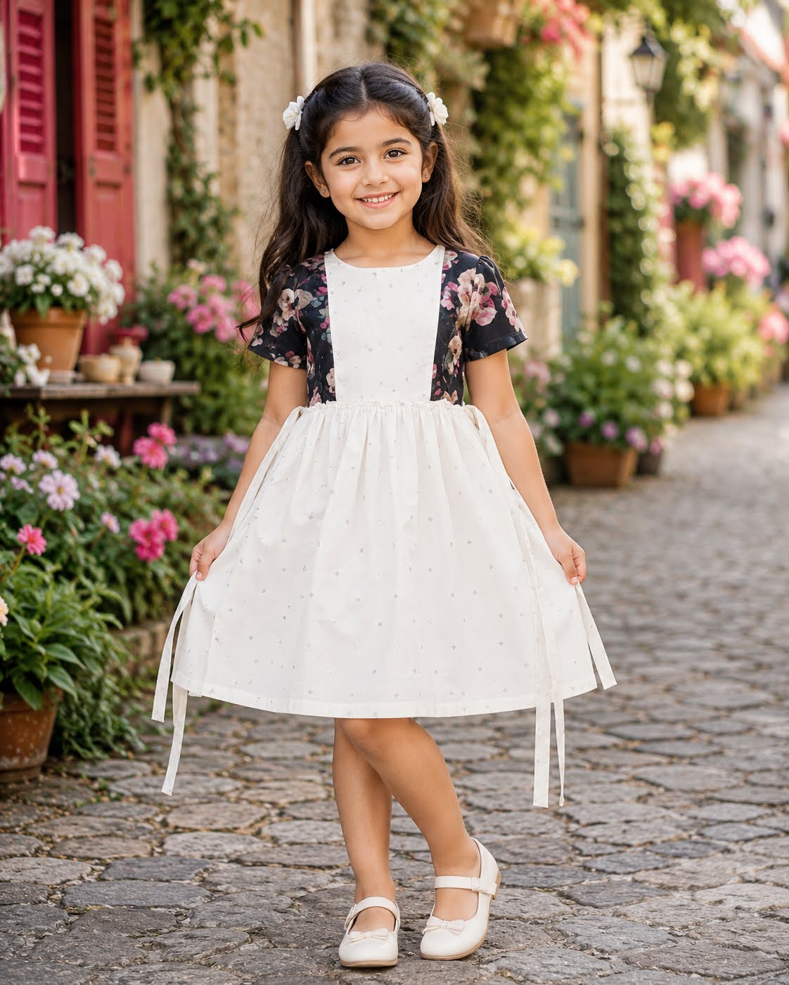 Young girl wearing a cream and navy floral print dress with side ties standing on cobblestone street with flowers in background