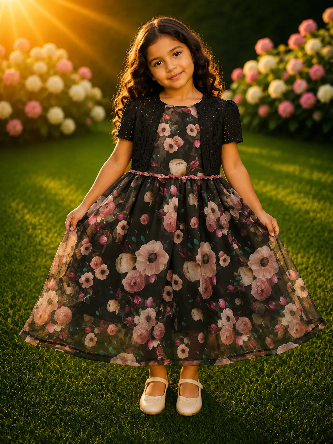 Girls Pearl White cotton Party Dress with Floral Sheer Sleeve