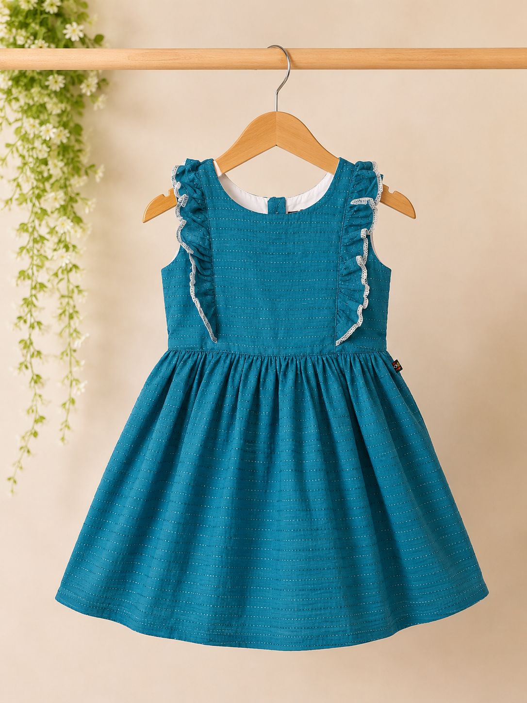 Girls Teal Blue  round neckline Sleeveless rayon  Frill Dress
