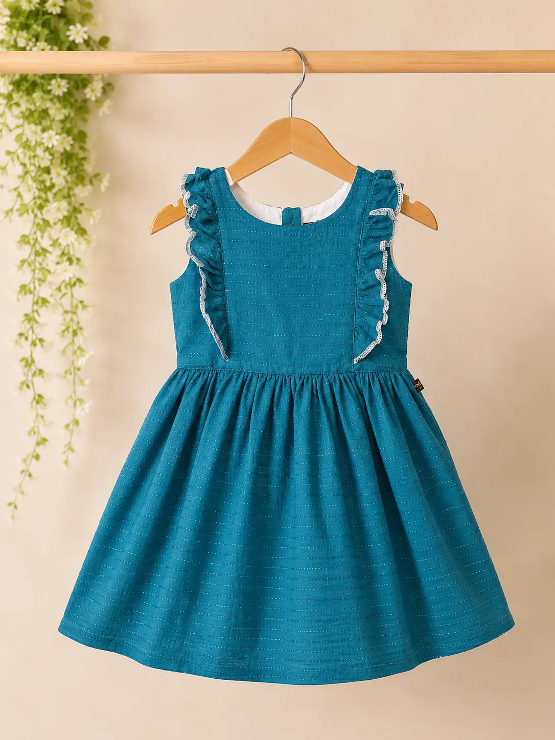 Girls Teal Blue  round neckline Sleeveless rayon  Frill Dress