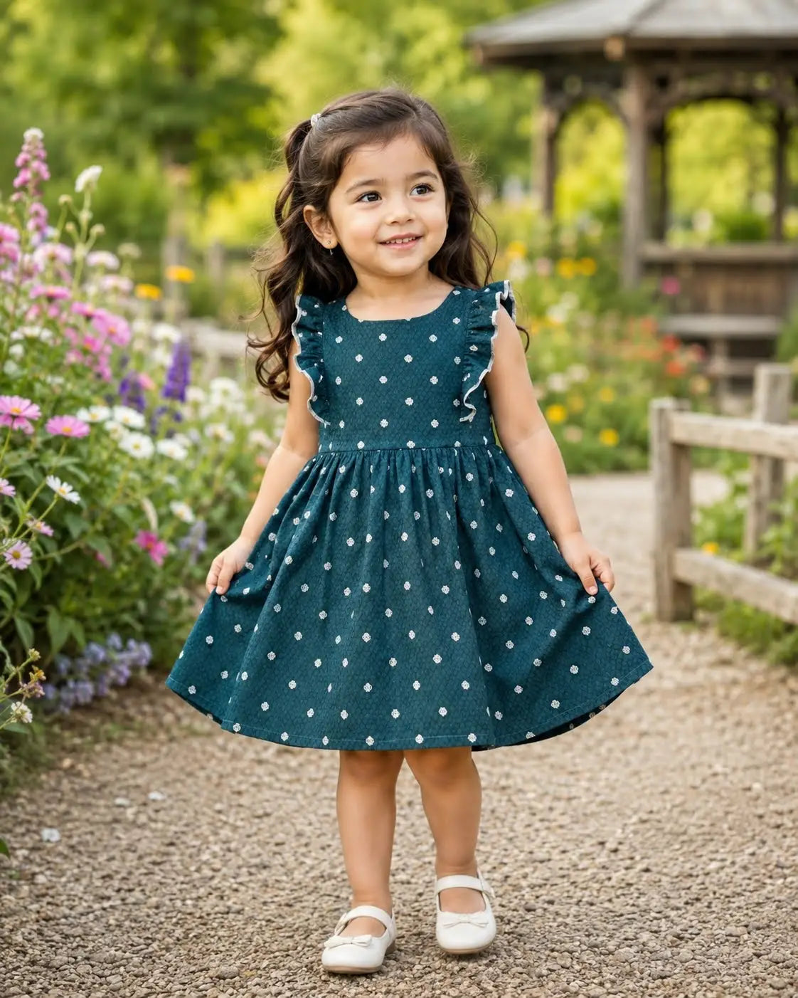 Girls Comfortable round neckline  Teal Blue Polka Dot Printed Cotton Frock Dress