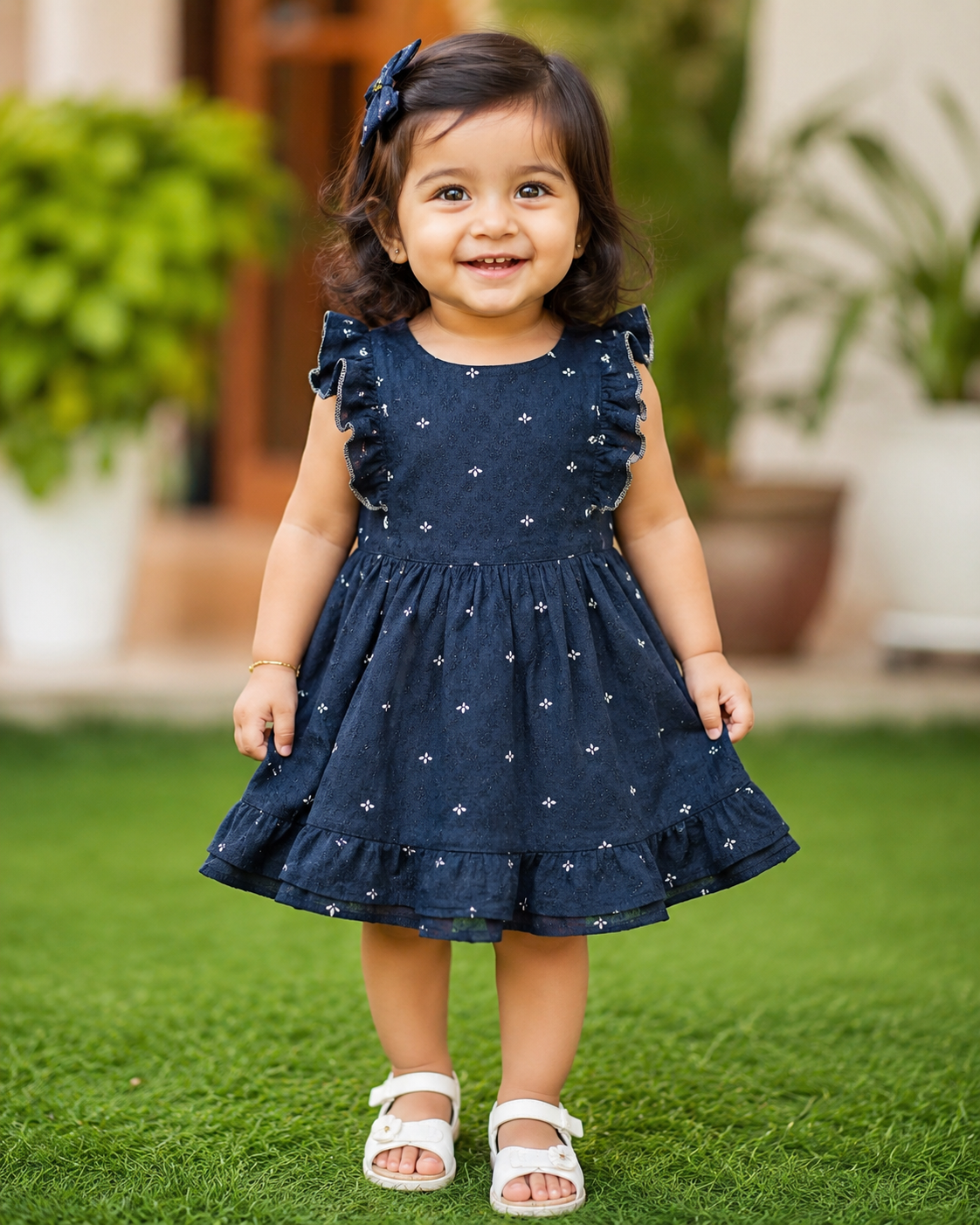 Toddler girl in navy blue dress with ruffle sleeves standing on grass