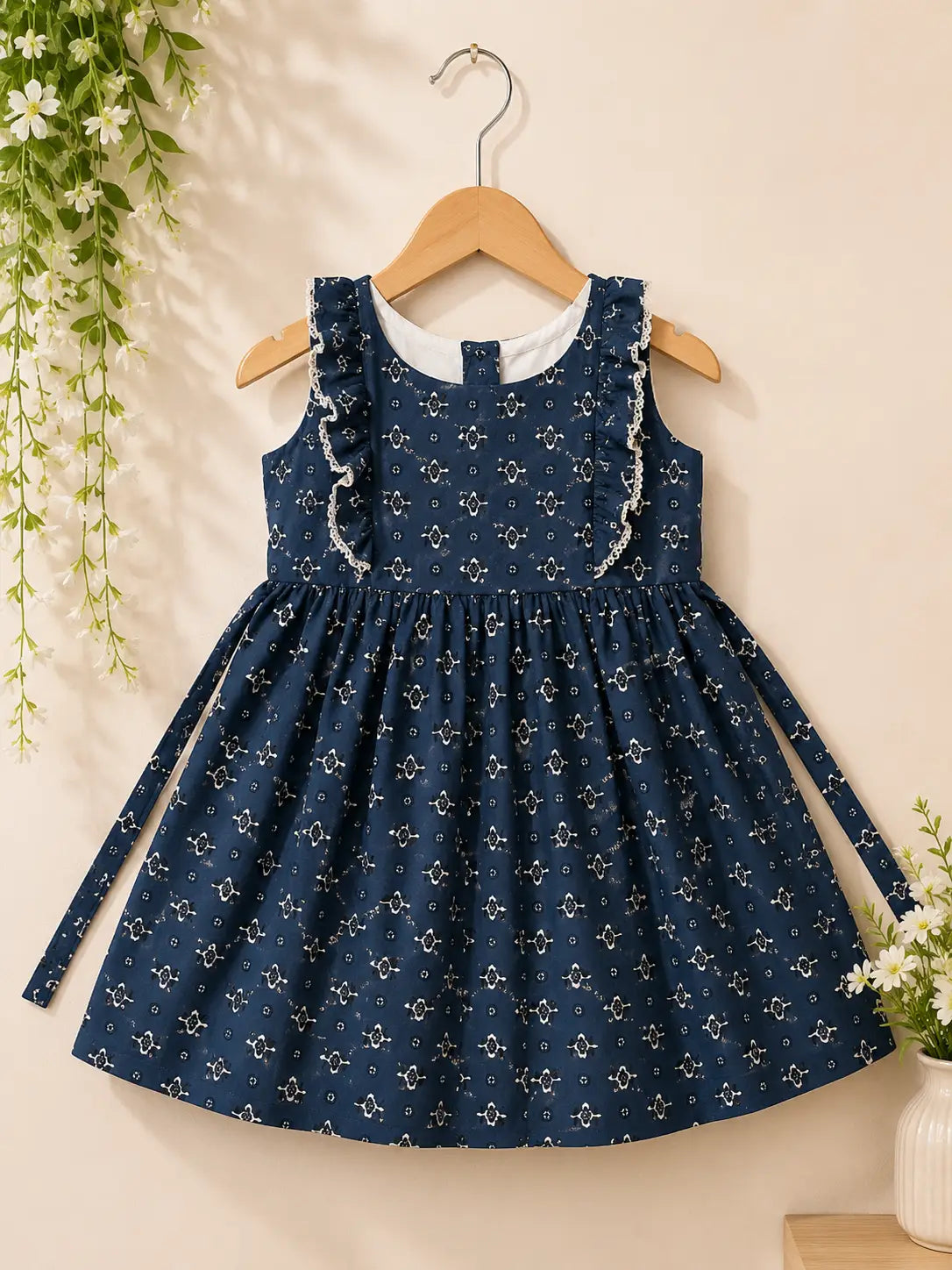 Girls Steel Blue Floral Printed round neckline  Sleeveless cotton frock with Ruffle Detail