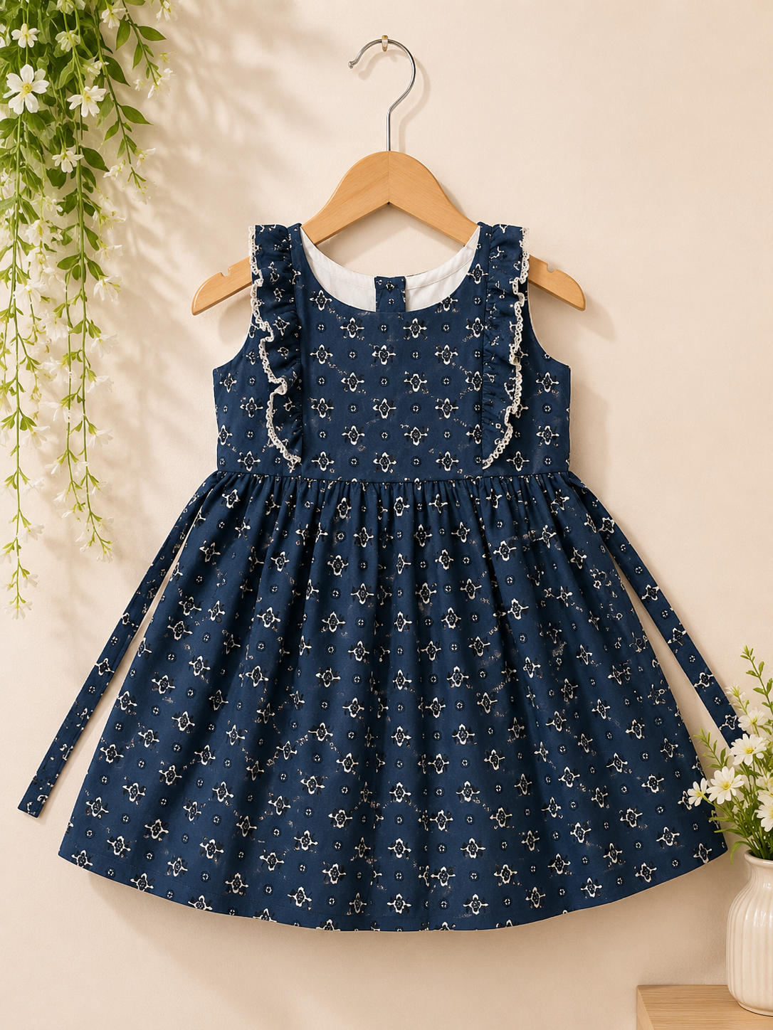 Girls Steel Blue Floral Printed round neckline  Sleeveless cotton frock with Ruffle Detail