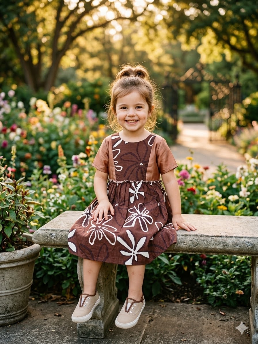 Smiling young girl wearing brown floral pattern dress sitting on stone bench in garden