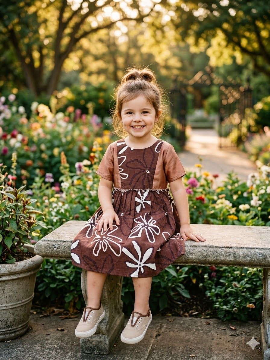 Girls round neck line  Brown Floral Print Cotton Frock Dress