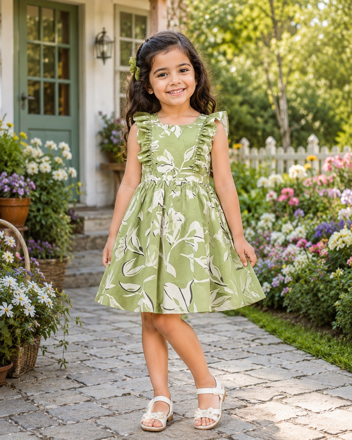 Young girl wearing a pistachio green dress with white floral print and ruffle details, smiling in a garden setting