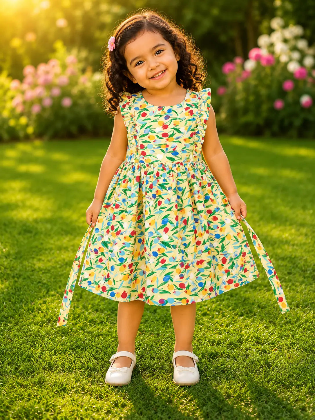 Girls round neckline Yellow Floral Print Ruffle Sleeve Cotton Frock
