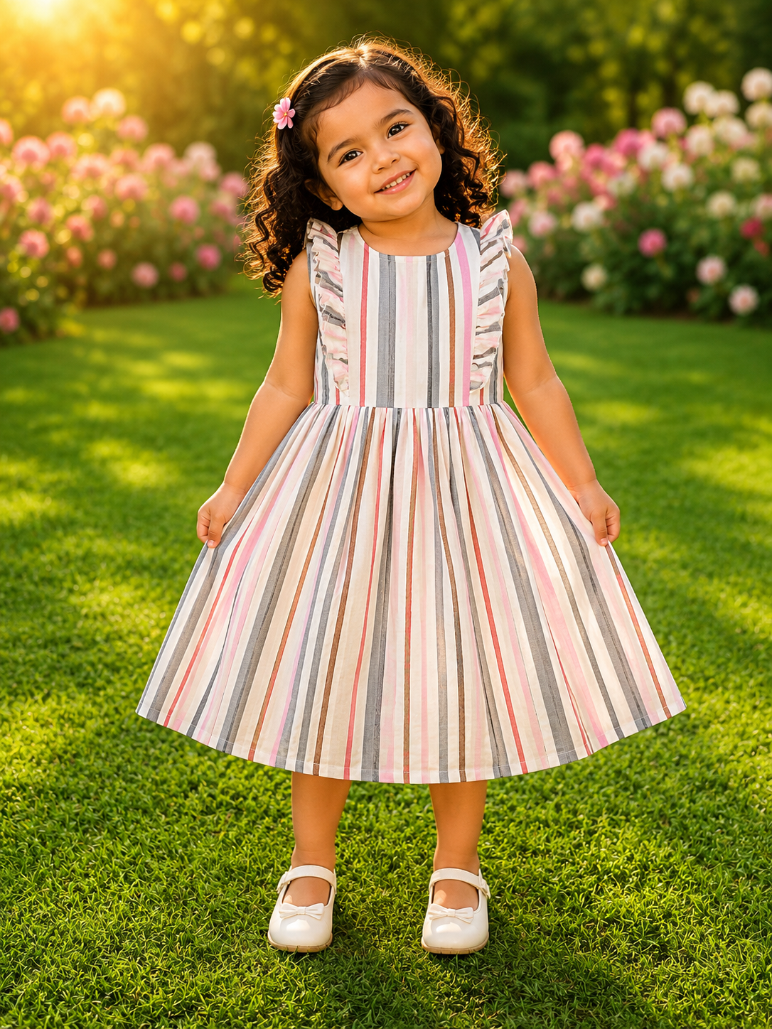 little girl wearing a colorful striped sleeveless dress with ruffle details outside on green grass